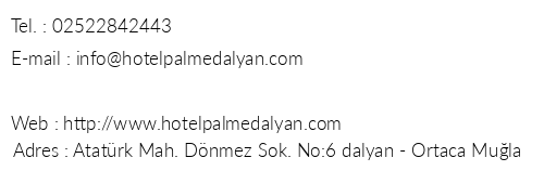 Hotel Palme Dalyan telefon numaralar, faks, e-mail, posta adresi ve iletiim bilgileri